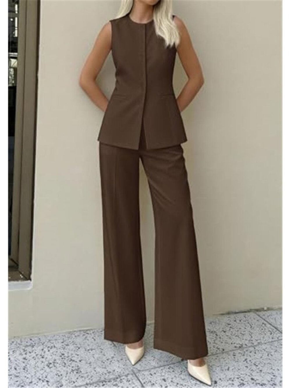Women's 2 Piece Sets Summer Sleeveless Blazer Vest Pants Suit - Picture 3 of 6